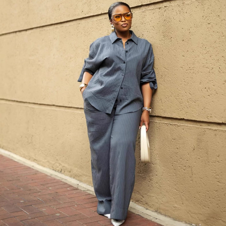 Africa Casual Women's Long Sleeve Striped Shirt High Waist Pants Trendy Fashion Two-Piece Set 5