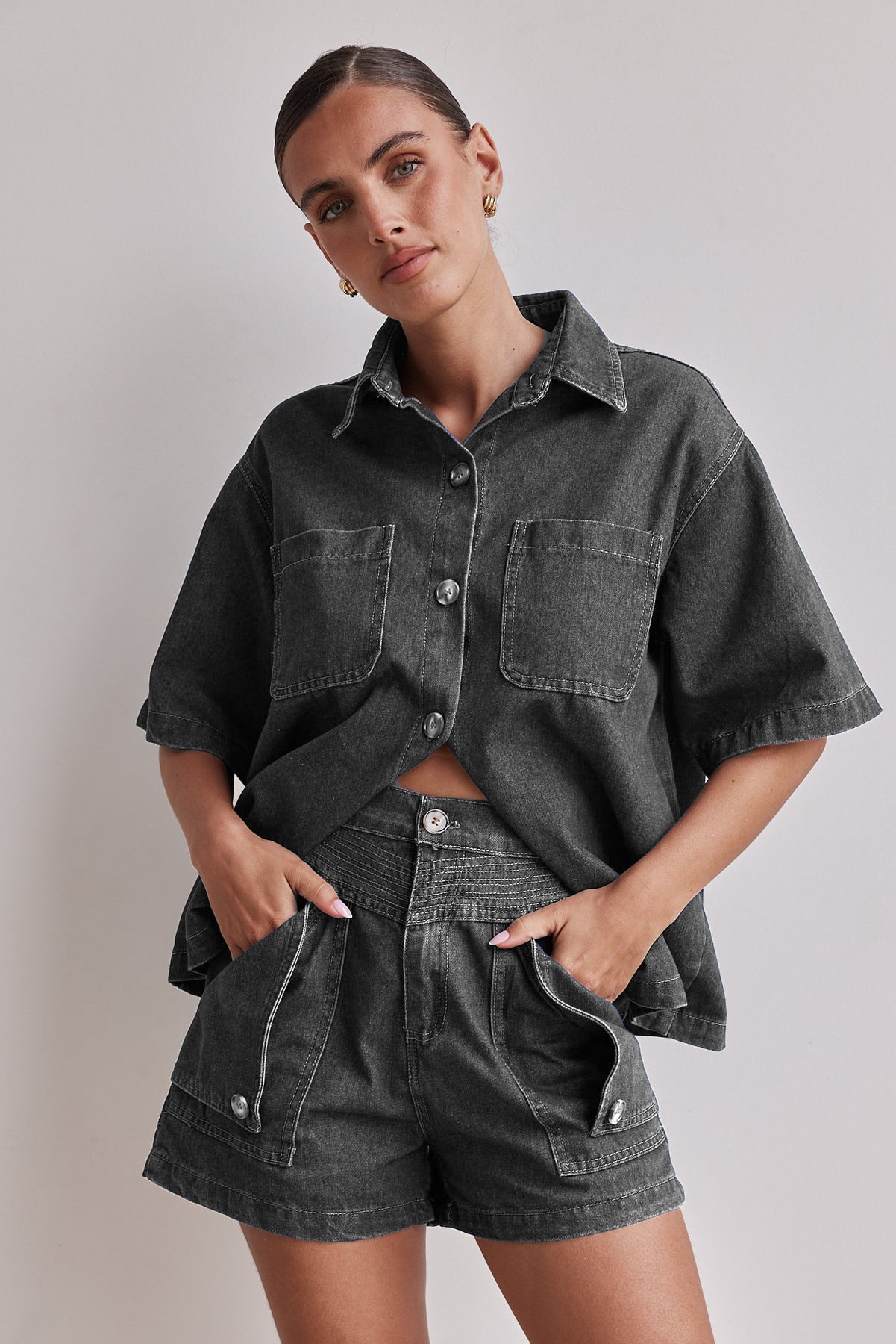 Summer Women's Casual Loose Denim Shirt Shorts Set 19