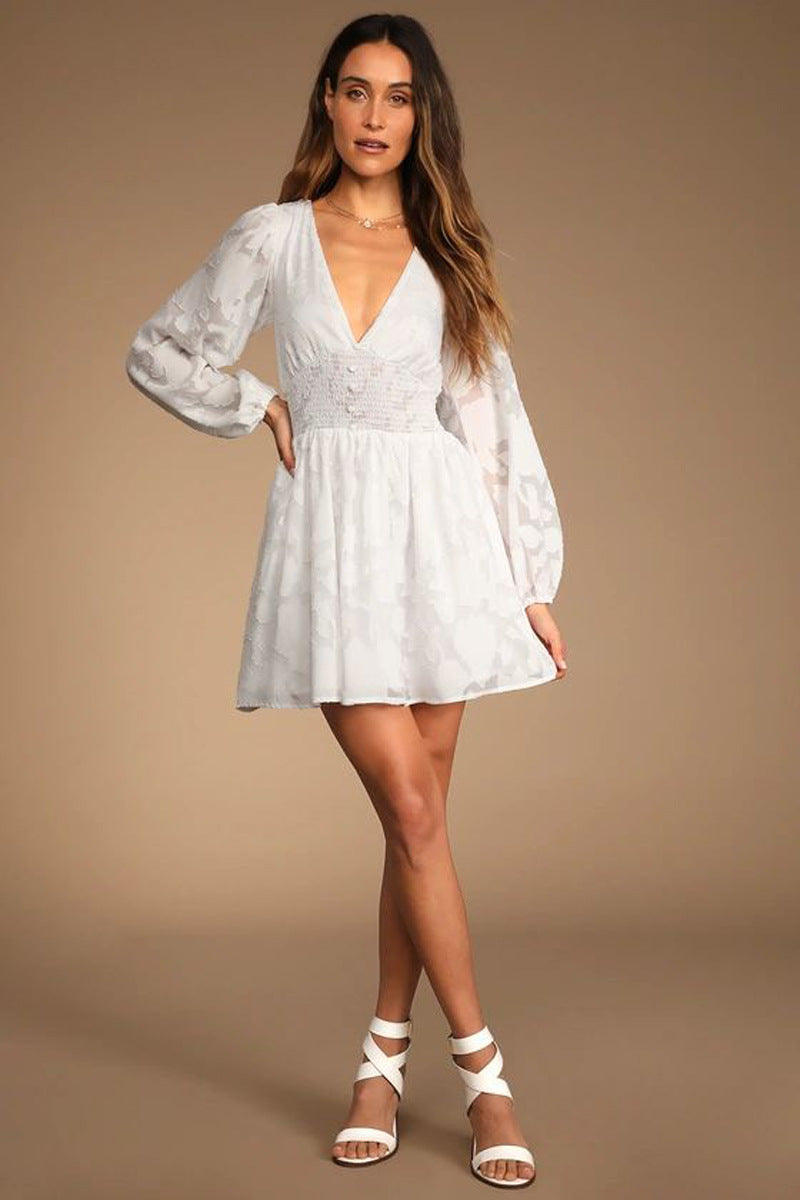 Women's long sleeve Casual V-neck chiffon hollow jacquard a-line dress 8