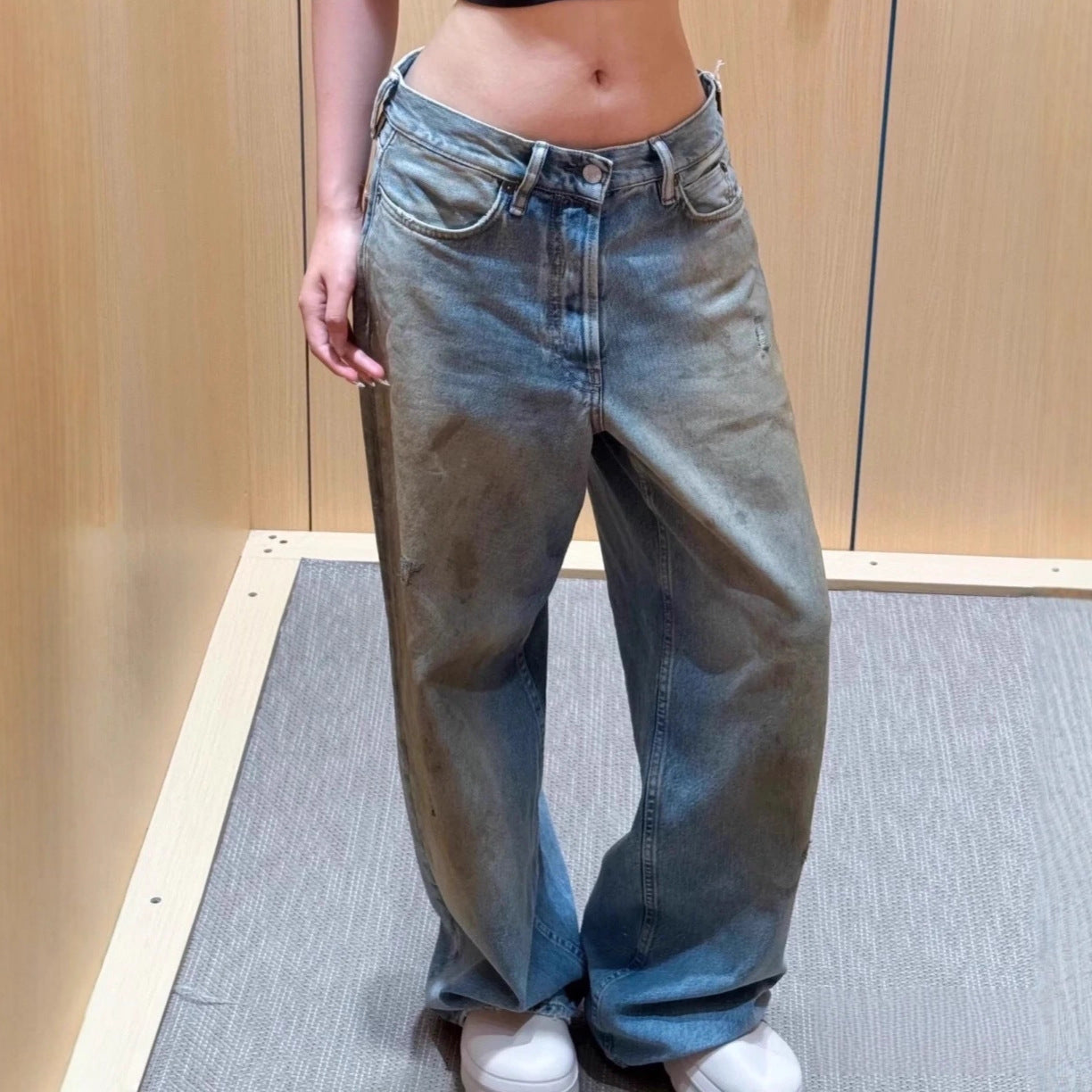 Women American Autumn Studded Patchwork Ink-Washed Denim Pant 3