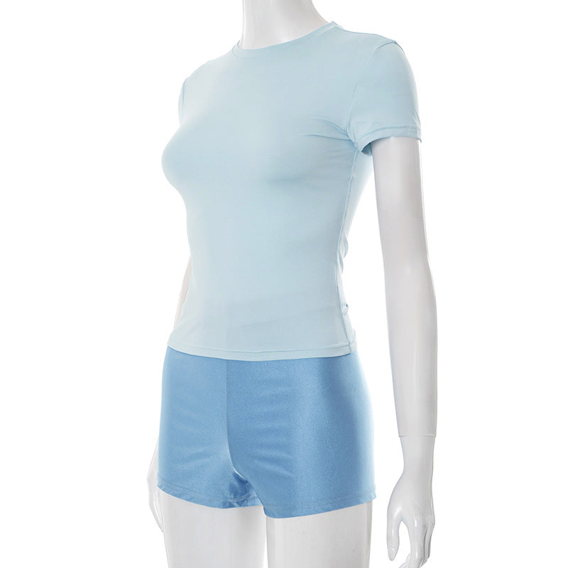 Women summer sexy Solid Round Neck short-sleeved T-shirt Top and shorts two-piece set 11