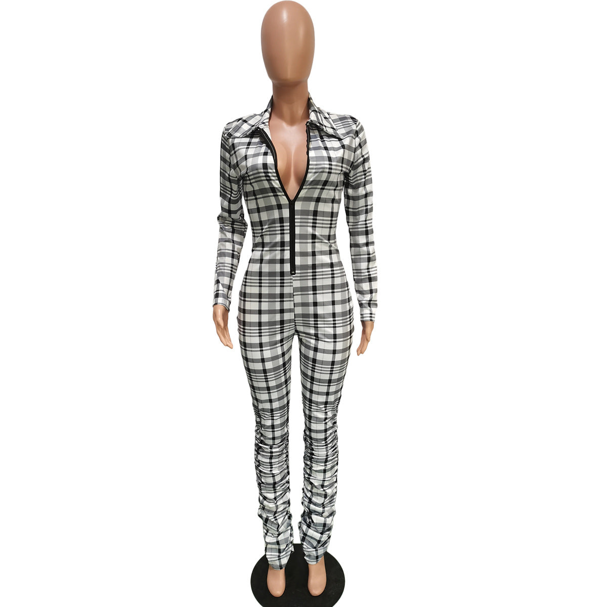 Women's Check Print turndown collar Slim Fit Ruched Zip Jumpsuit 3