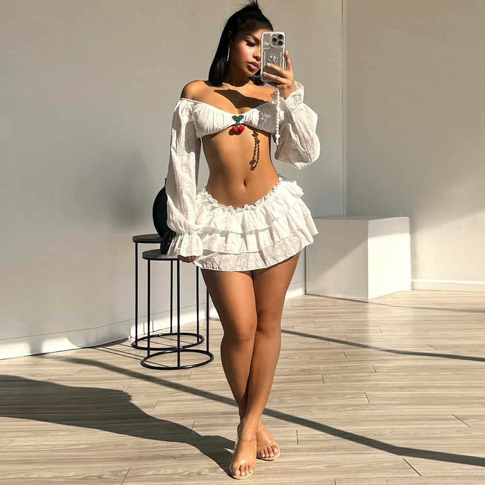 street sexy long sleeve Crop top miniskirt two piece set 3