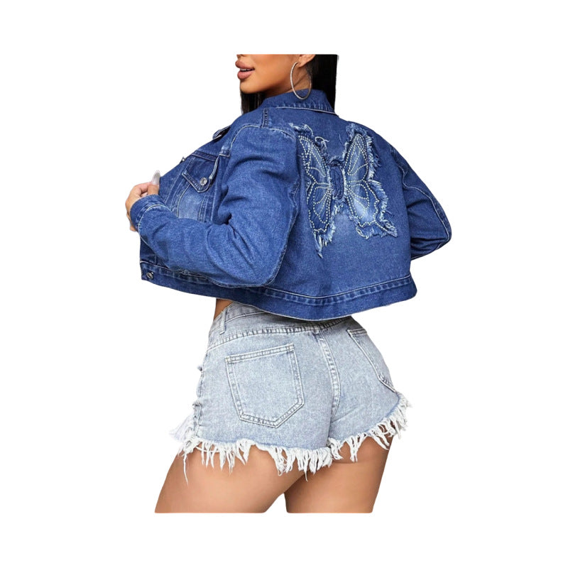 Women Embroidered Butterfly Appliqué Long-Sleeved Denim Embroidered Top 6