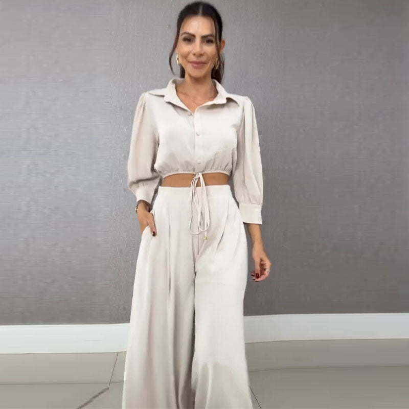 Chic Style Fashion Drawstring Short Shirt Wide-Leg Pants Two Piece Set 4
