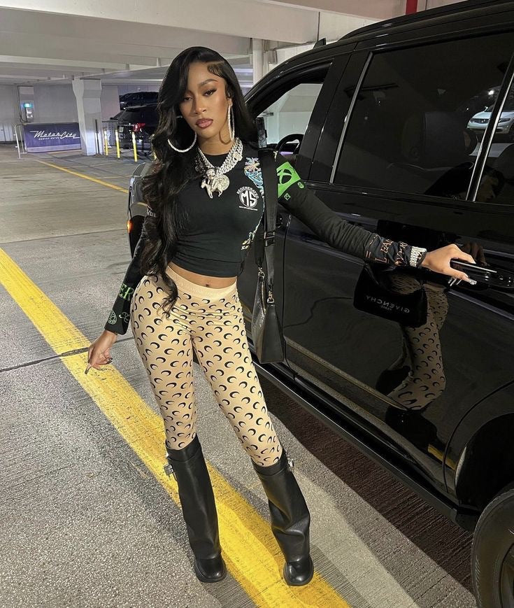 Fashionable Trendy Moon Print Elastic Slim Sexy Top & Trousers Set 3