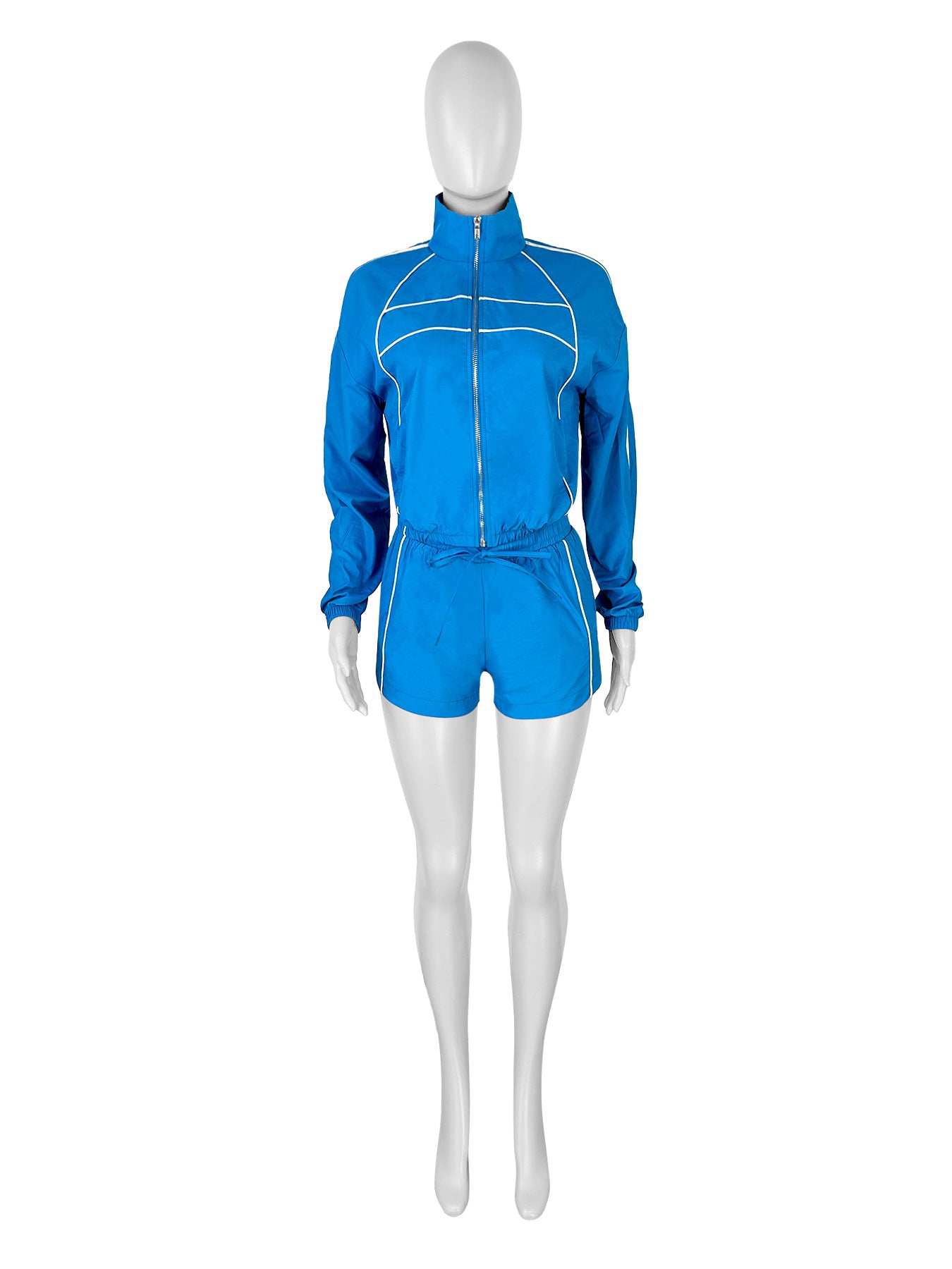 Women sexy long sleeve zipper contrast color ribbon top and shorts two-piece set 17