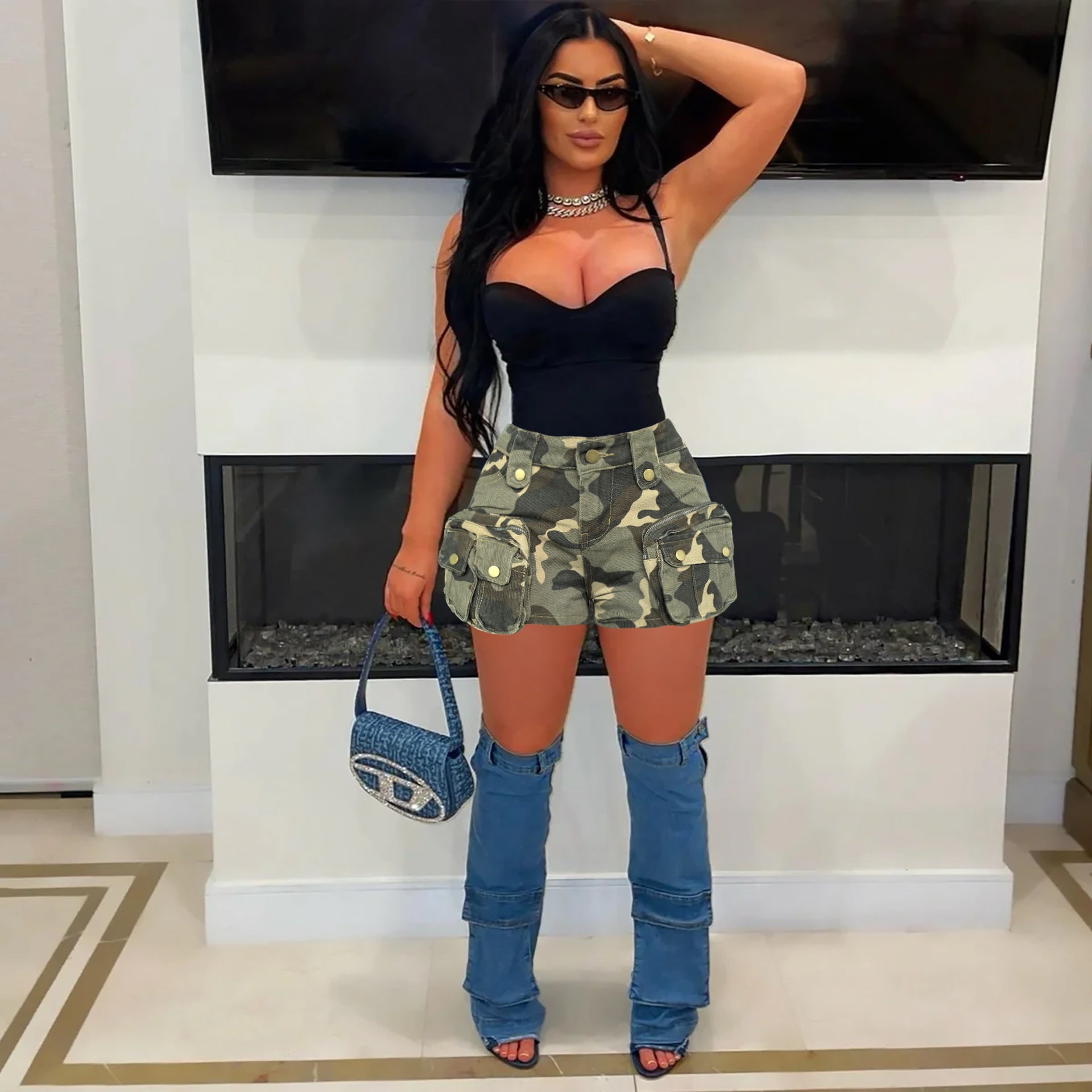 Women Pocket Camouflage Denim Shorts