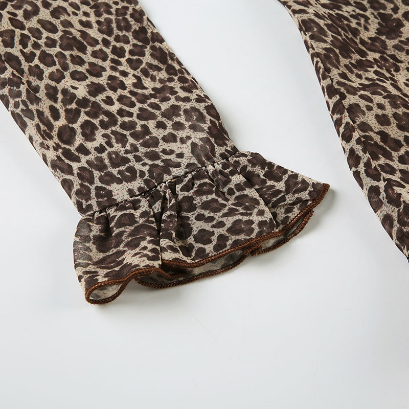 Women Sexy Ruffle Edge V Neck Animal Print Bell Bottom Sleeve Top 14