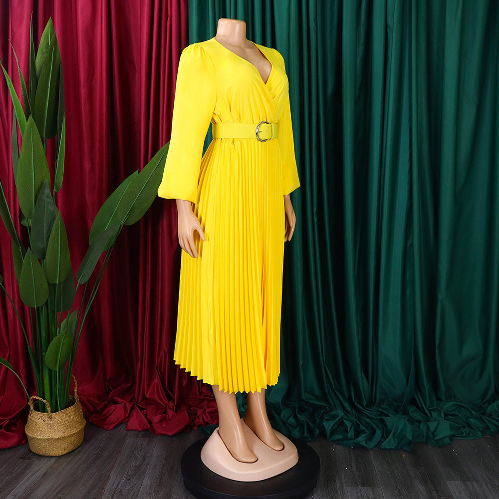 Plus Size Women Long Sleeve V-Neck Pleated Maxi Dress 16
