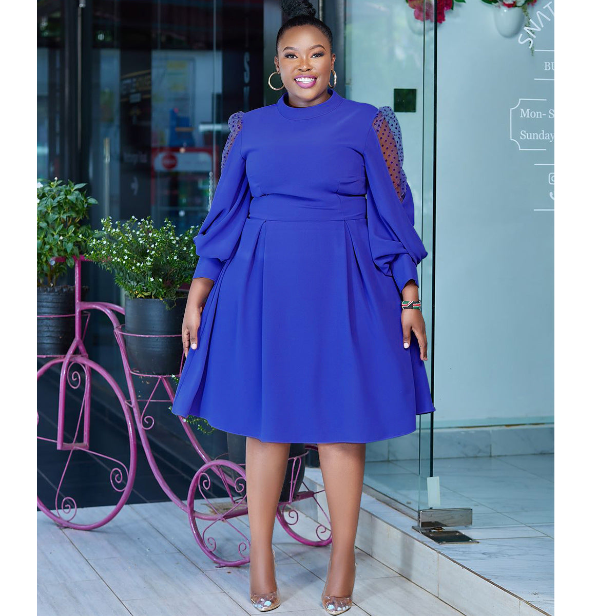 Autumn Polka Dot Mesh See-Through Lantern Sleeve Slim Waist Plus Size Dress