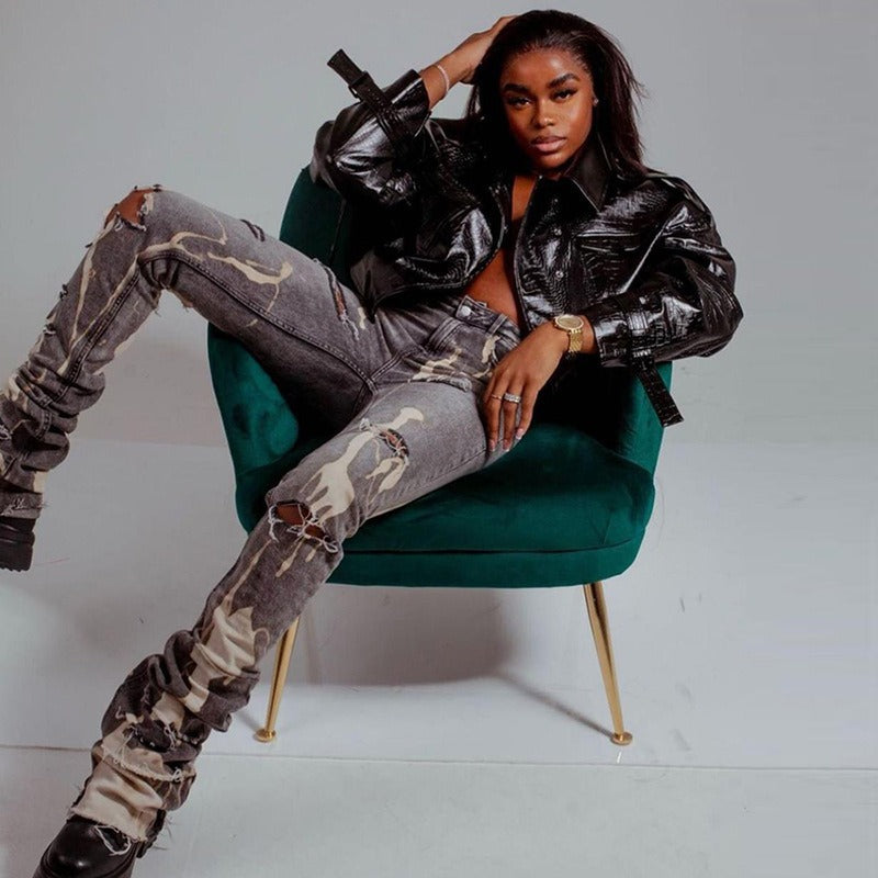 Women's Fitted High Waist Ripped Denim Pants High Stretch Jeans 7