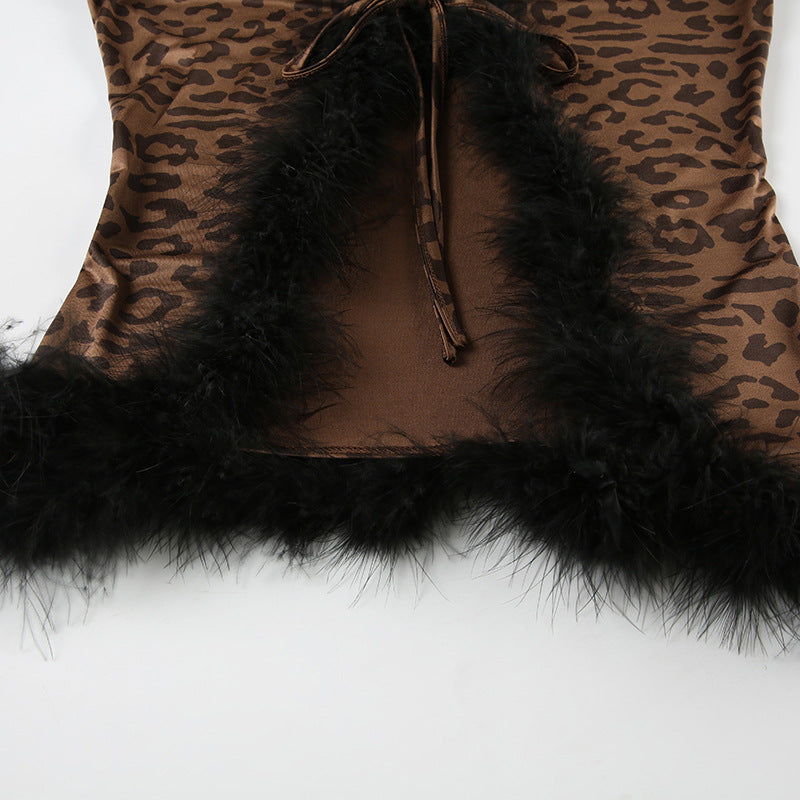 Fashionable Sexy Fur Patchwork Leopard Print Long-Sleeved Top Slim Mini Skirt Two-Piece Set 15