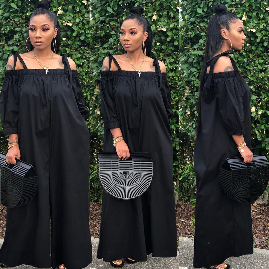 Women Casual Off Shoulder Lantern Sleeve Suspender Loose Wide Leg Jumpsuit