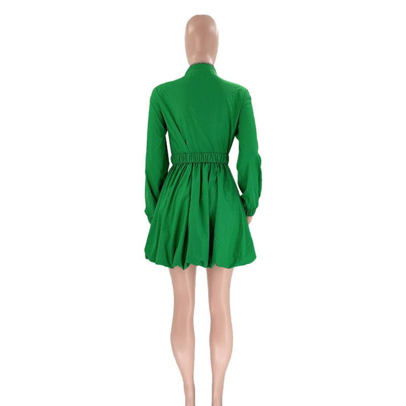 Women Solid Color Stand Collar Long Sleeve Tunic Dress 19