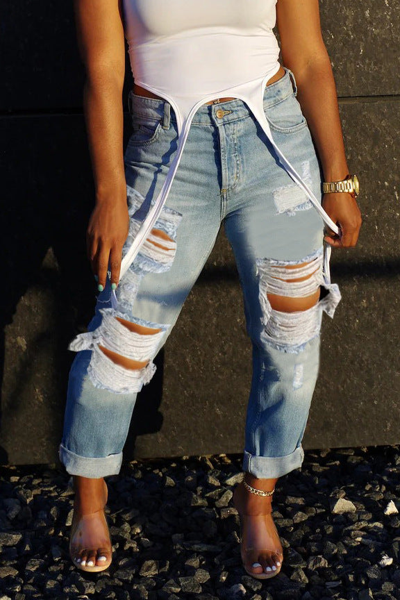 Women's Street Fashion High Waist Slim Fit Ripped Denim Pants