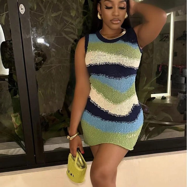 Women Sexy Sleeveless Contrast Color Dress