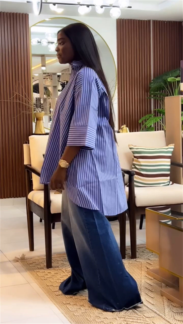 Women summer blue striped long-sleeved shirt Top 3