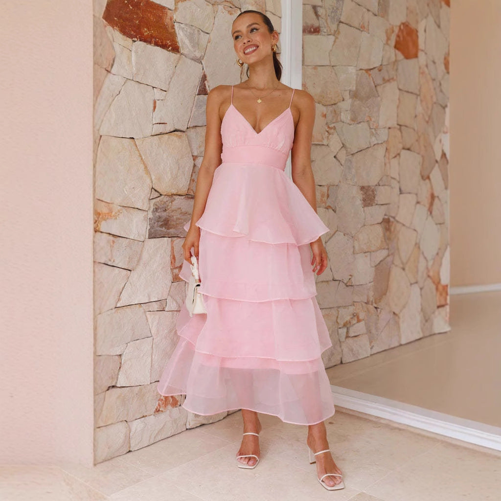 Women sexy Backless suspenders pleated lace dress 5