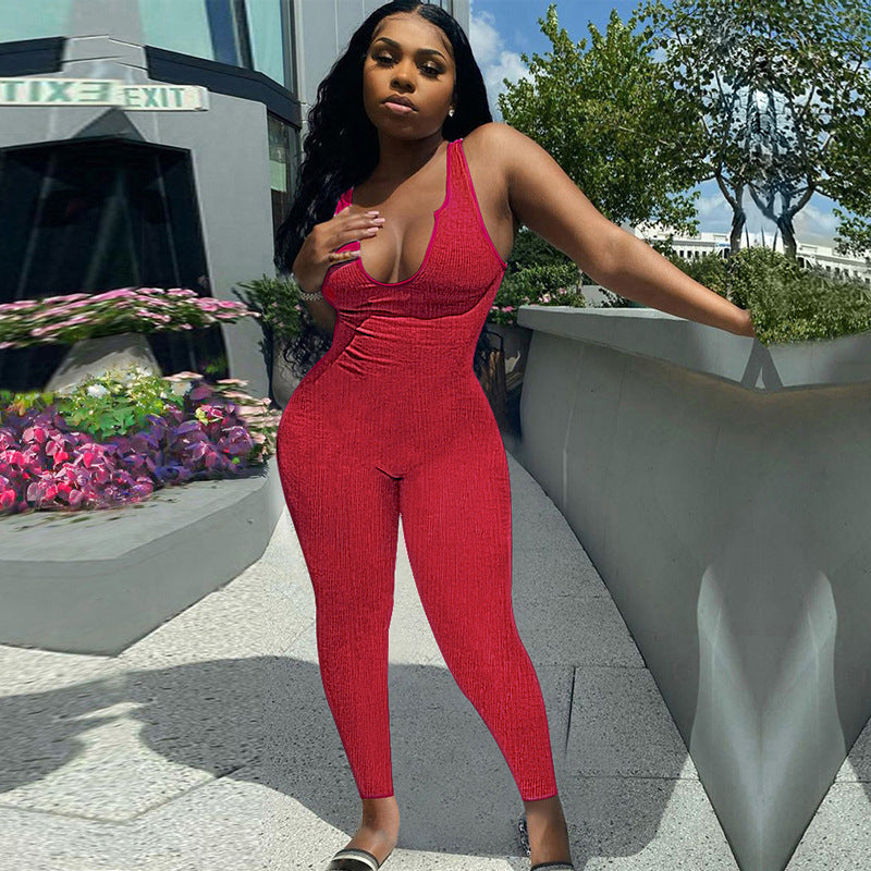 Women's Simple American Sports Vest Jumpsuit Summer Solid Color knitting Ribbed Trousers Women 10