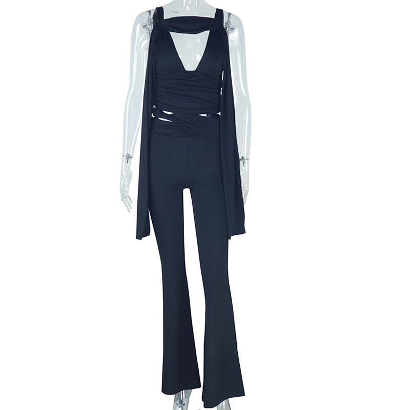 Women Sexy Solid Sleeveless V-Neck Crop Top and Pants Two-Piece Set 8