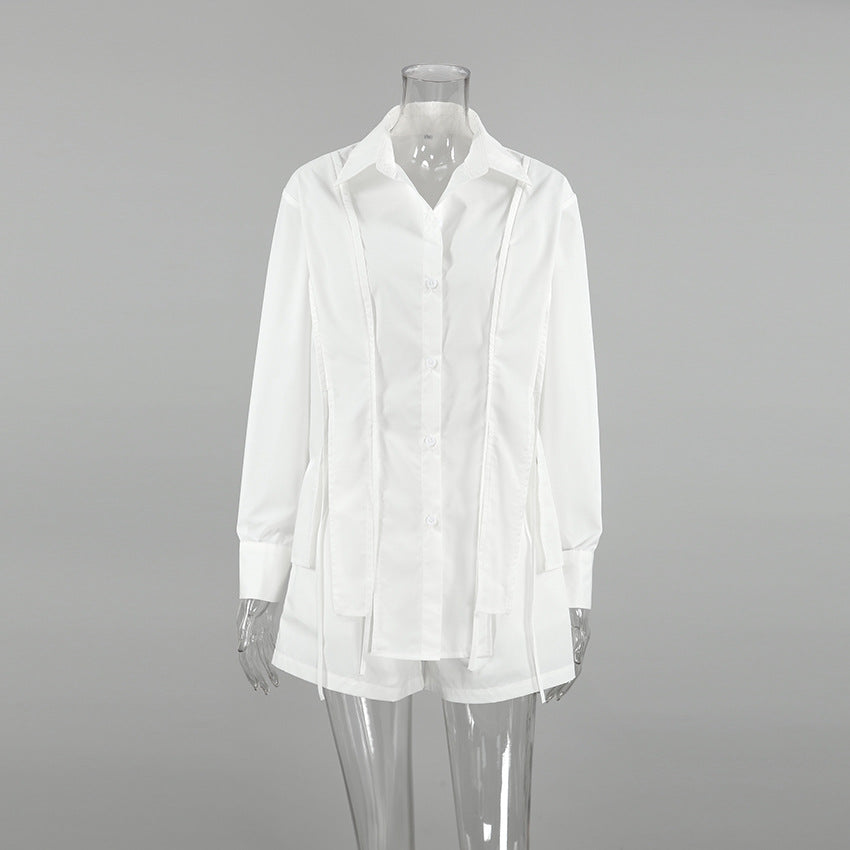 Women Spring and Summer French Style Turndown Clar shirt shorts Casual two-piece set 10