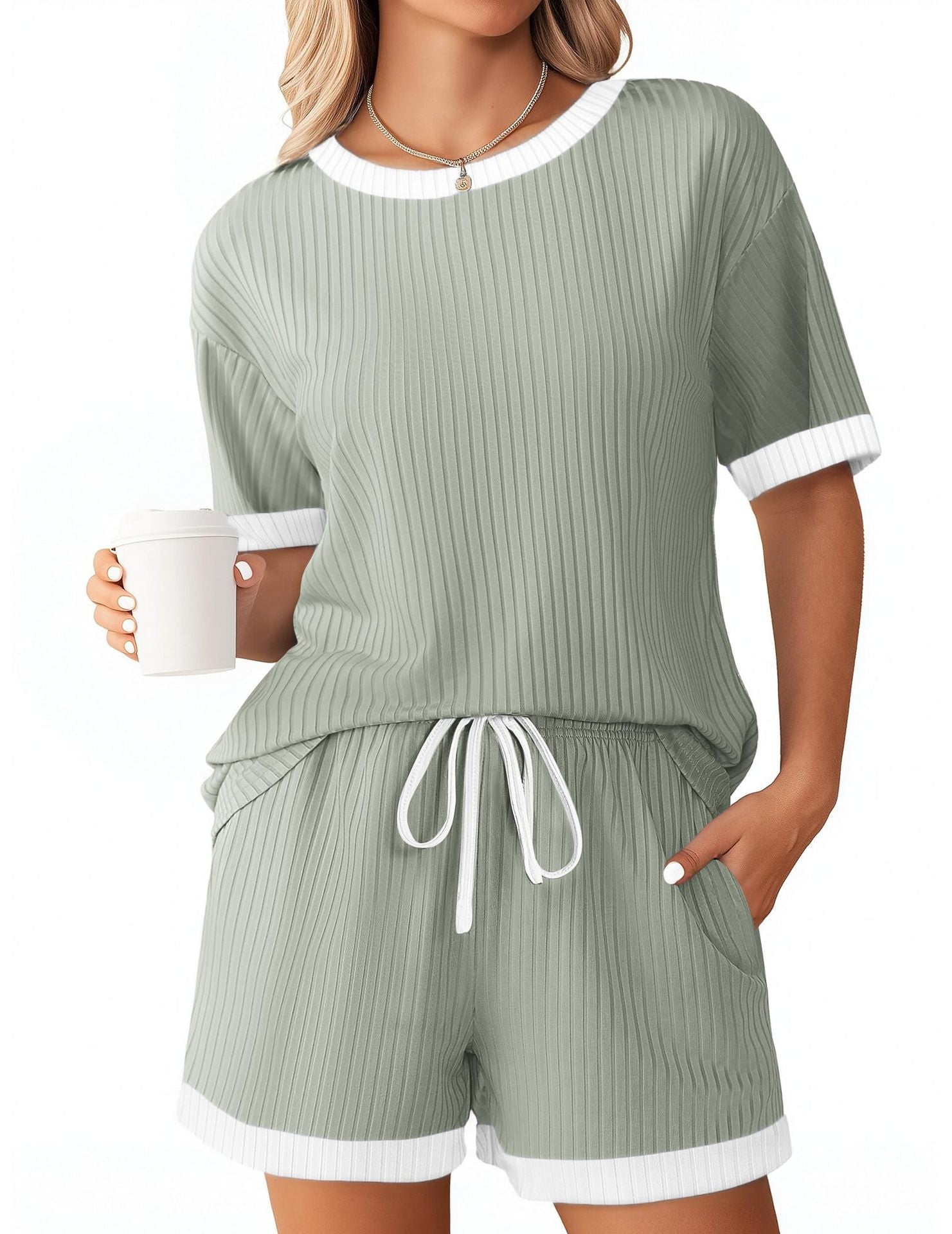 Women's summer Ribbed color matching pajamas short sleeve home clothes Shorts Set 10