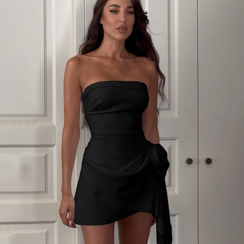 Women's Fashion Sexy Slim Solid Color Flower Strapless Dress 3