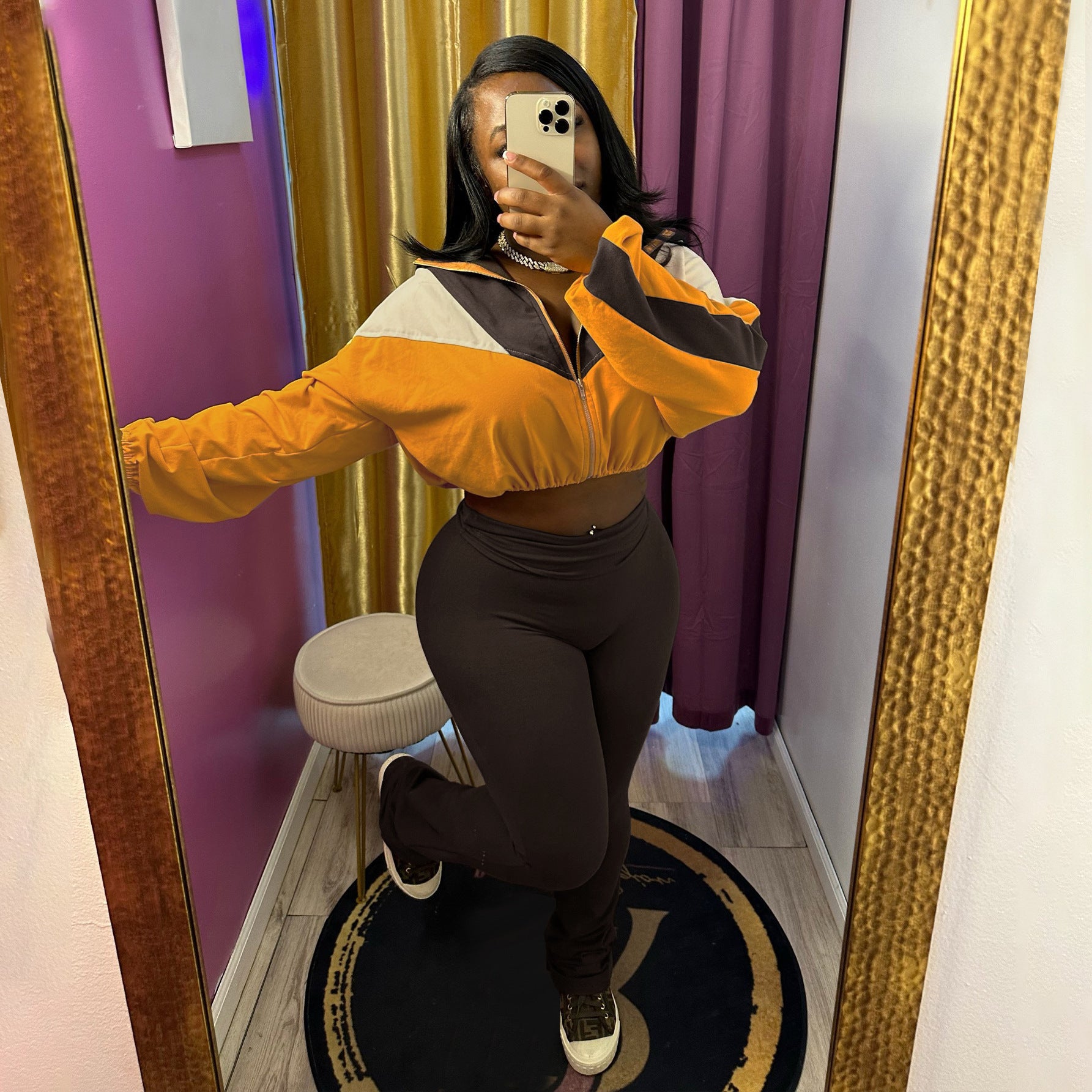 Women Colorblock Zipper Top and Pant Sports Two-Piece Set 6