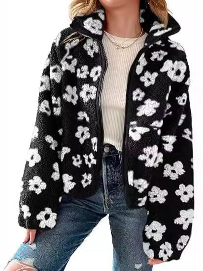 Women zipper printed pocket flower jacket 7