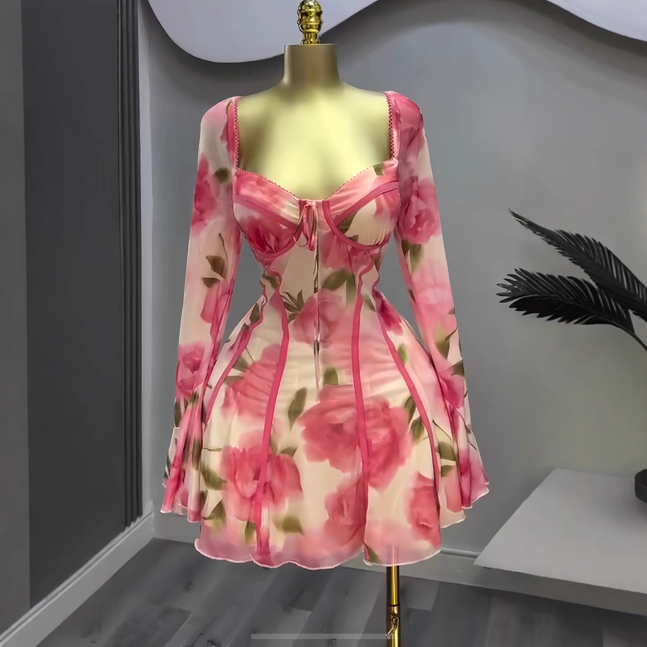 Women Bell Bottom Long-sleeved Lace-up Ruffled Flower Print Dress 4