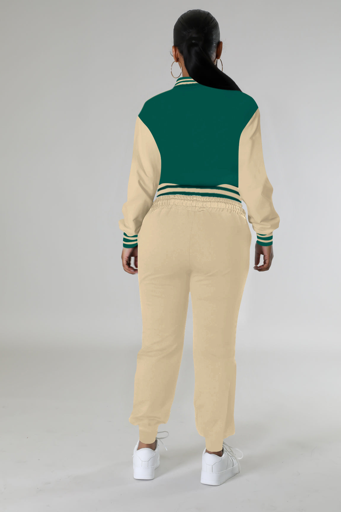 Women's Fashion Contrast Color Baseball Jacket Pants Two-Piece Set 5