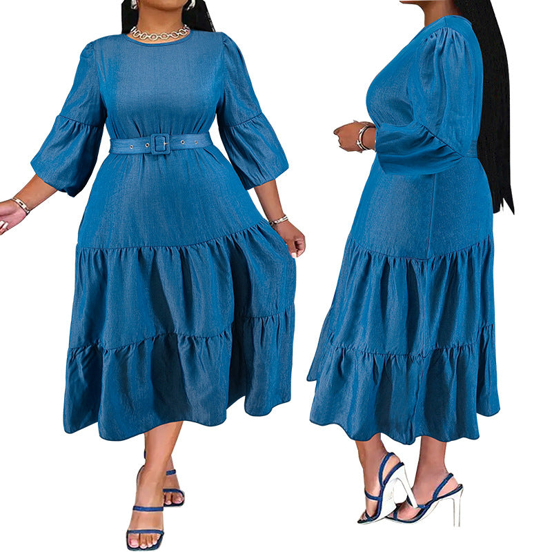 Plus Size Women's Pleated Denim Dress With Belt