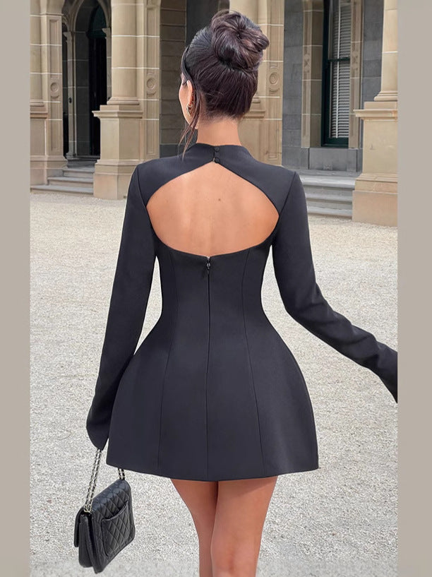 Women Backless Round Neck Solid Long Sleeve Dress 4