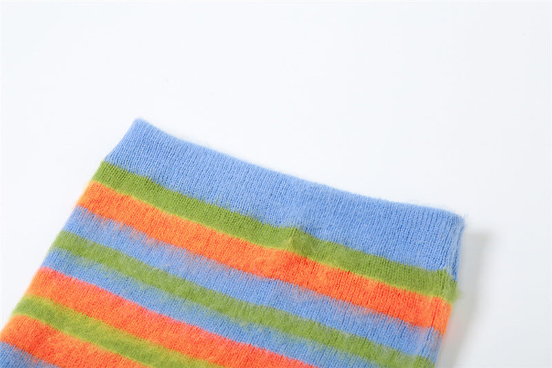 Autumn Women sexy knitting striped contrast top and slit skirt two-piece set 20