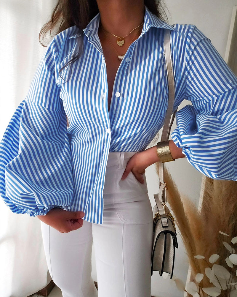 Women Light Blue Striped Lantern Sleeve Shirt