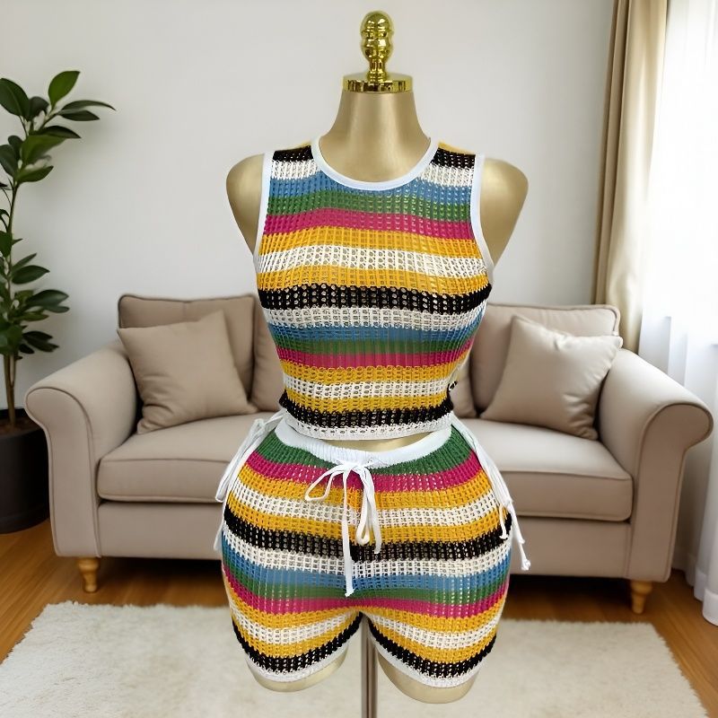 Knitted Striped Patchwork Two-Piece Shorts Set Women's Casual Outfit 3