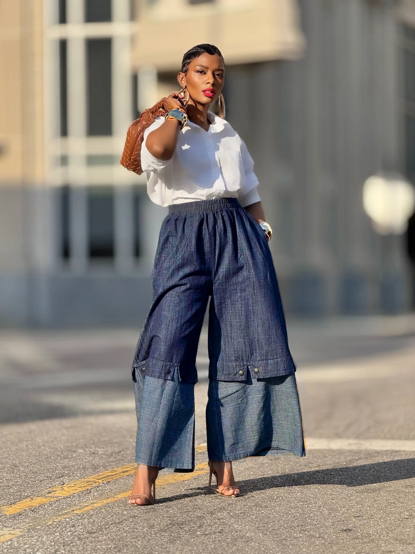 Street Style Patchwork Color-Block Wide-Leg Denim Pants