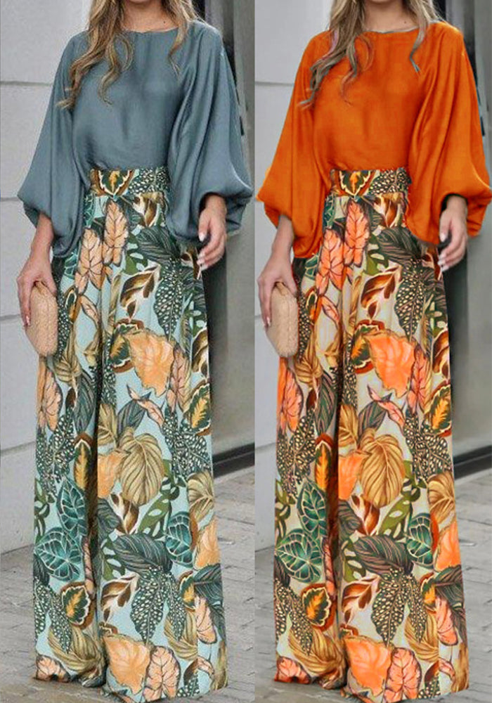 Summer women's suit lantern sleeves loose top printed wide-leg pants two-piece set
