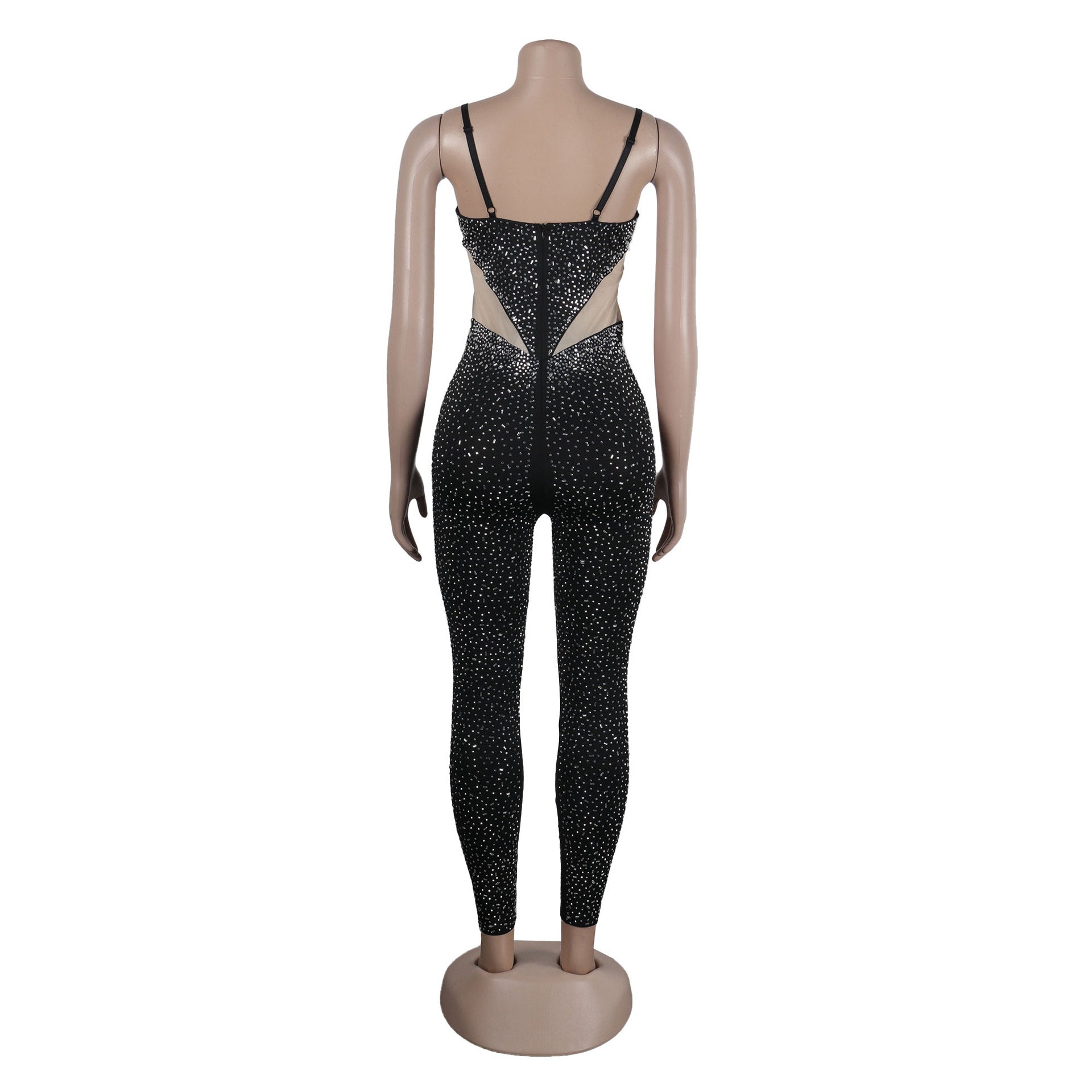 Women Beaded Stretch Suspender Bodycon Jumpsuit 18