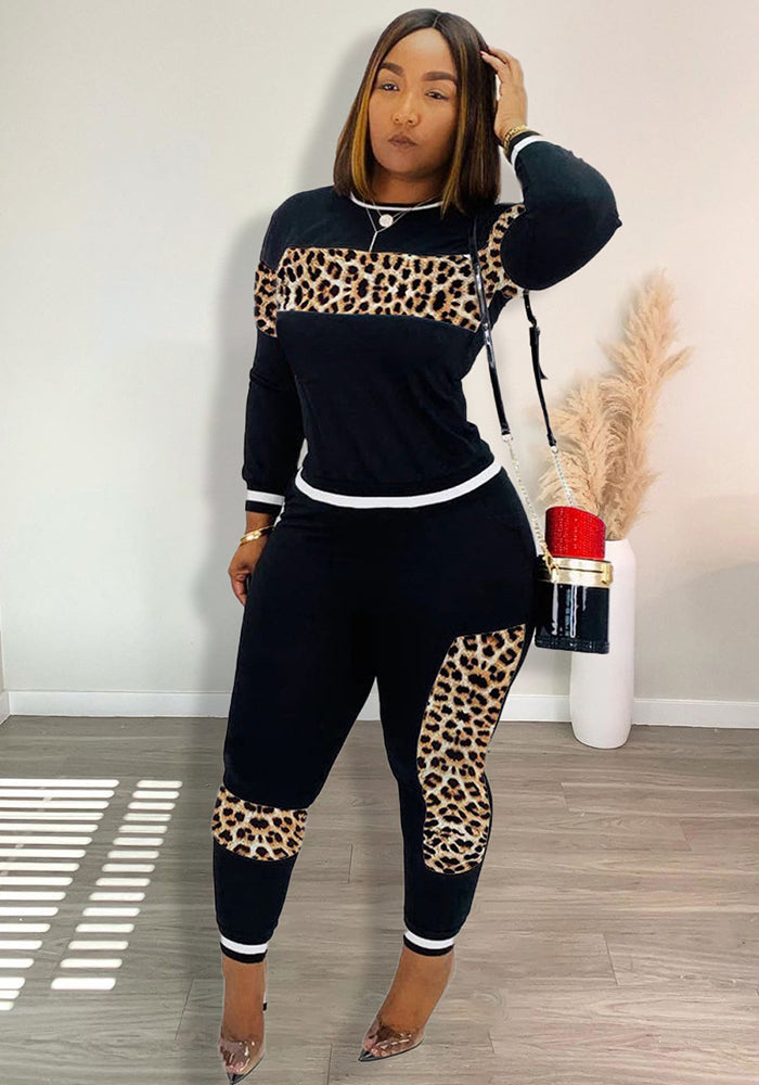 Women Fall and winter leopard print Patchwork long-sleeved top and Pant two-piece set
