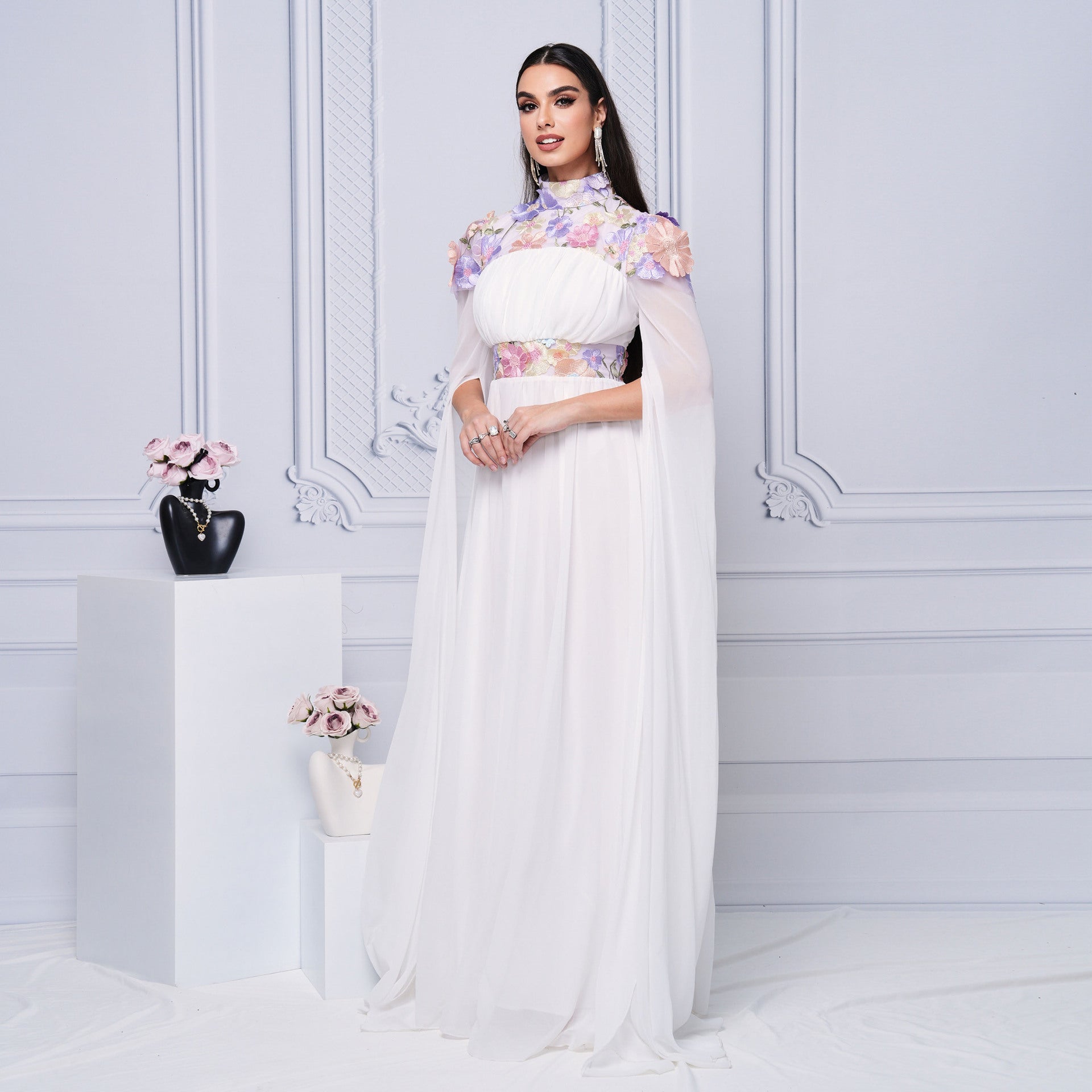 Chic High-Neck Formal Party Embroidered Long Evening Dress Slim Waist Bridesmaid Dress 9