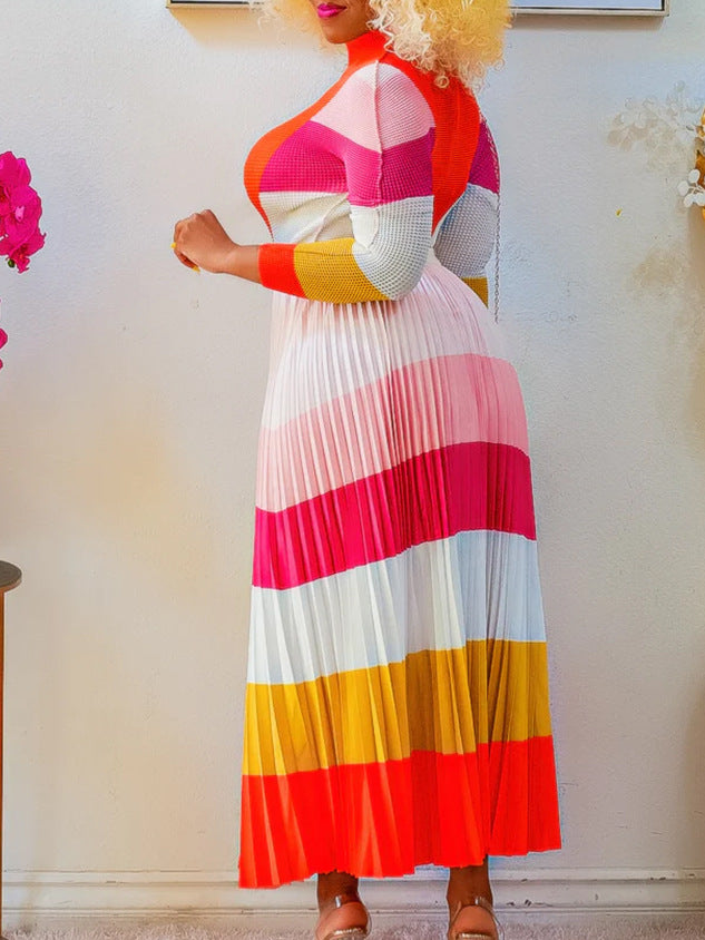 Women Autumn Pleated Print Contrast Color Long-sleeved Top and Skirt Two-Piece Set 7