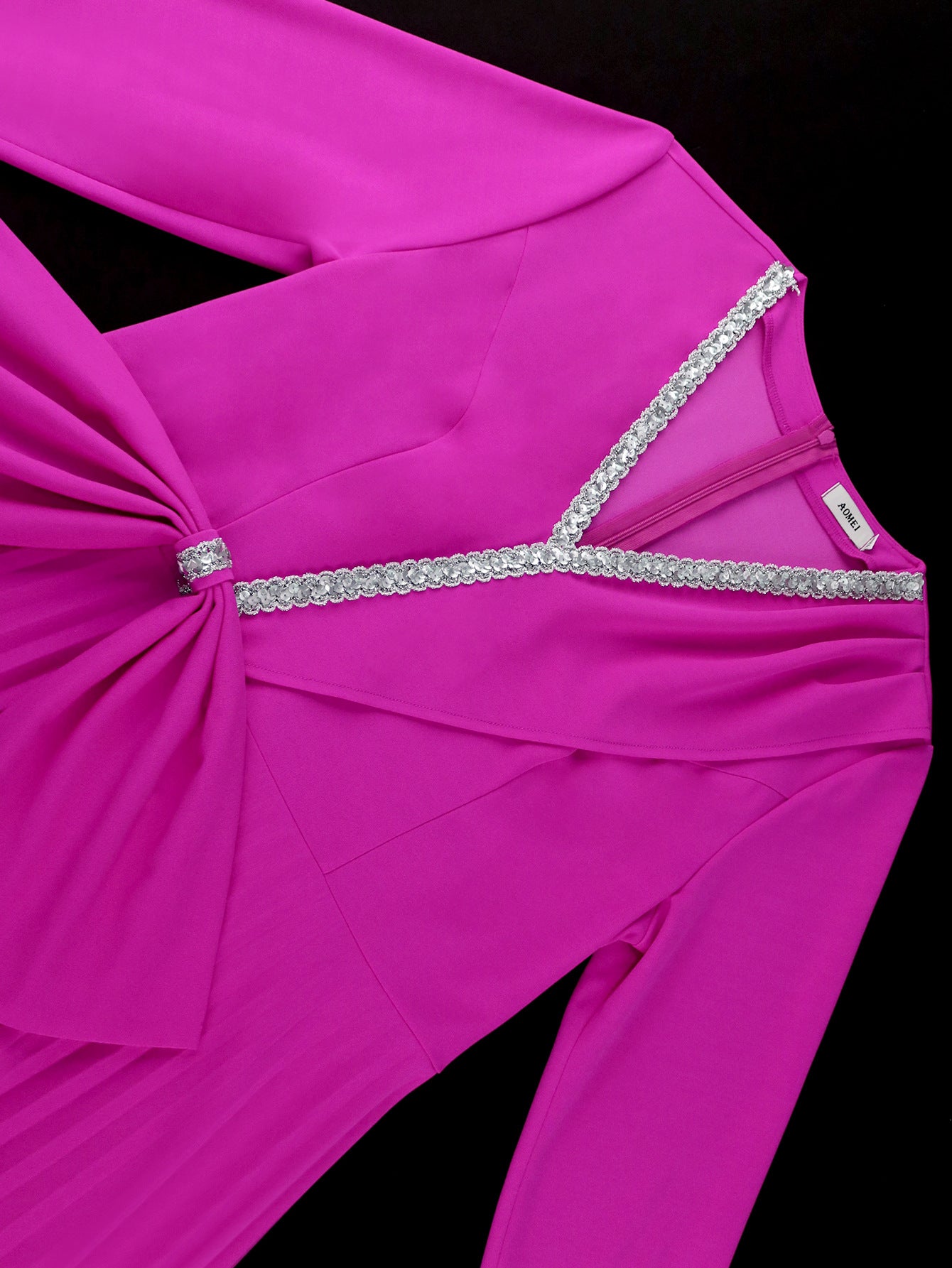 Women autumn and winter diamond v-neck bow party formal party pleated dress 14