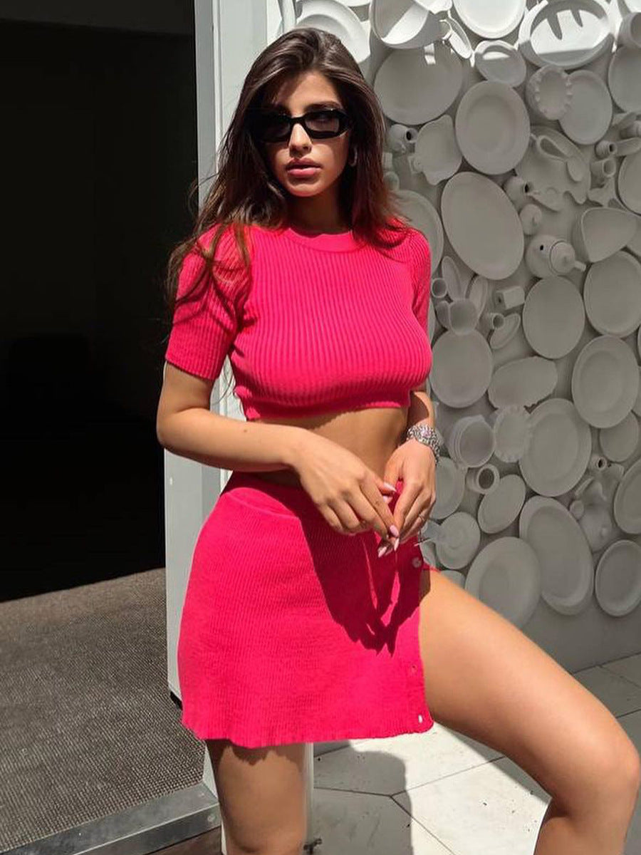 Women Sexy Summer Crop Top+ Slit Button Skirt Two-piece Set 3