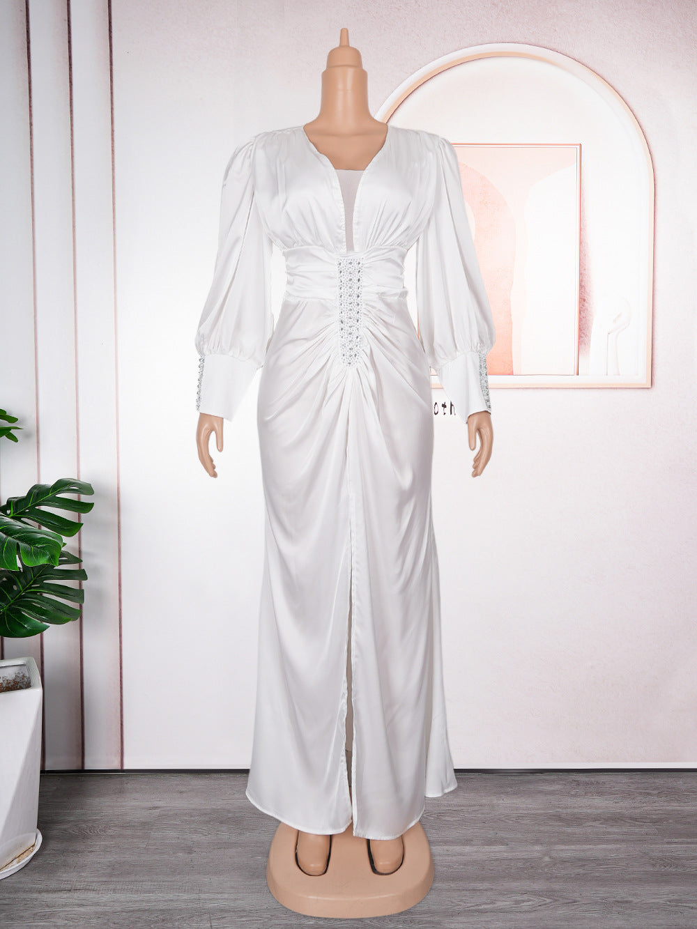 Elegant Solid Color Long Sleeve High Waist Formal Party Plus Size Dress Dubai Winter African Women's Clothing 13