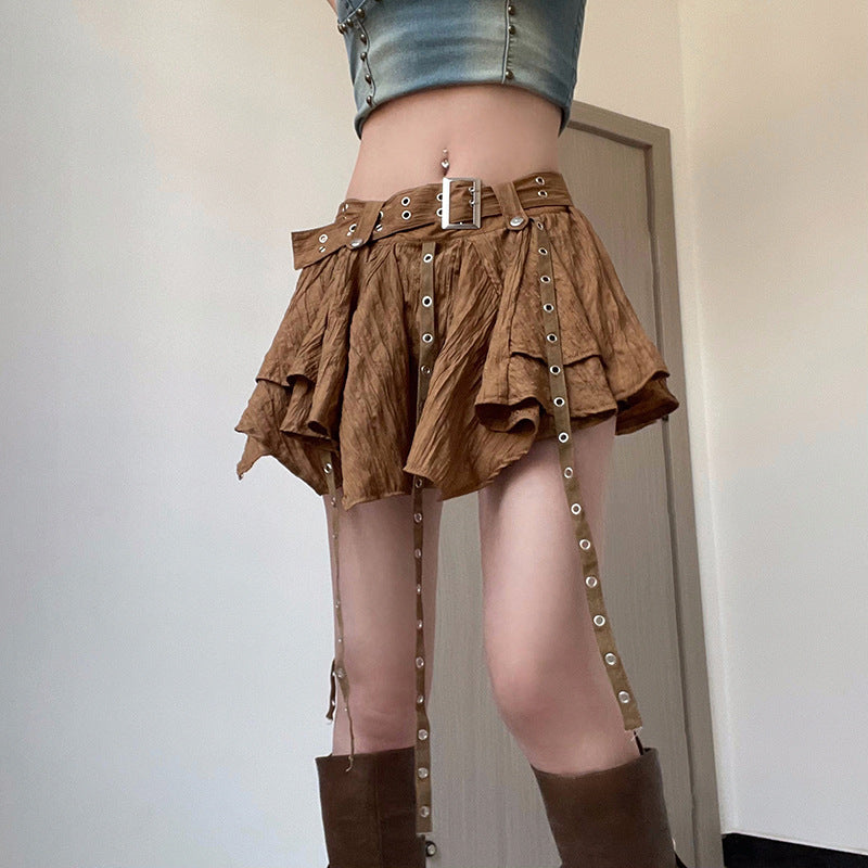 Fashion Low-Waist Metal Buckle Belt Irregular Ribbon Skirt 7