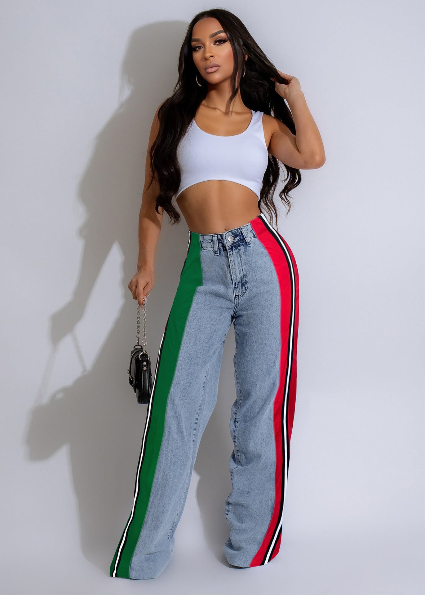 Women's Fashion Patchwork Striped Contrast Denim Pants Casual Straight Pants 15