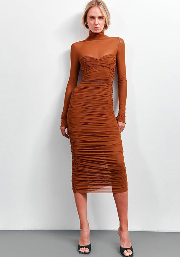 Autumn Solid Color High Collar Mesh Patchwork Long-Sleeved Sexy Bodycon Dress