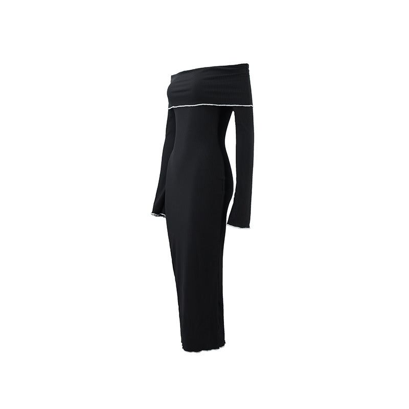 Women Fall and Winter Sexy Shawl Long Sleeve Ruffle Edge Dress 9